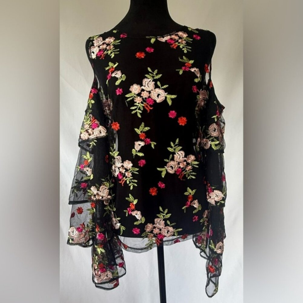 Impulsive, Sheer Black Floral Embroidered Ruffled Sleeve Flamenco Top, Size XL